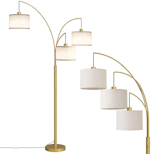 SUNMORY 3 Lights Floor Lamps for Living Room，78" Tall Arc Standing Lamp | Hanging Drum Linen Shade & Heavy Base, E26 Lamp Holder, 360°Rotatable Arc Stanchion，Mid Century Tree Lamp for Bedroom，Corner - color: Gold (Rotary Switch)