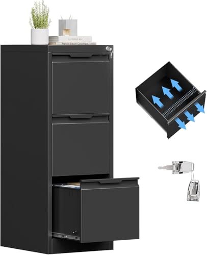 3 Drawer Metal Vertical File Cabinet with Lock for Home Office | 17.8"D x 15"W x 38.4"H,Small Under Desk Cabinet,Adjustable Hanging Bar,Fits 4A/Legal/Letter Size File,Easy Assembly,Black - color: Black, size: 17.8"D x 15"W x 38.4"H（3 Drawers）