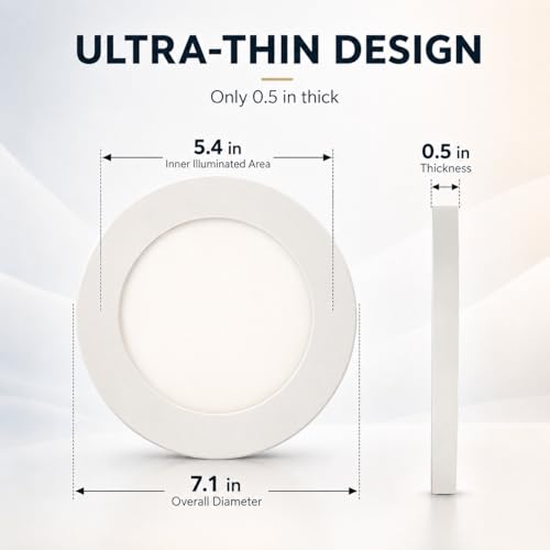 KSANA 7 Inch LED Flush Mount Ceiling Light, 5 CCT Selectable Ultra-Slim Round Flat Panel Light, Triac Dimmable 5%-100%, 12W 900LM Ceiling Light Fixture for Kitchen, Bedroom, Hallway, Office - size: 7 Inch