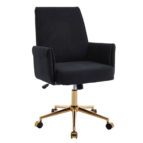 YITAI Stripes Velvet 360°Swivel Desk Chair, Modern Height Adjustable Home Office Armchair with Gold Base and Wheels for Vanity, Comfy Computer Chair for Study Living Room Bedroom（Black） - color: Black