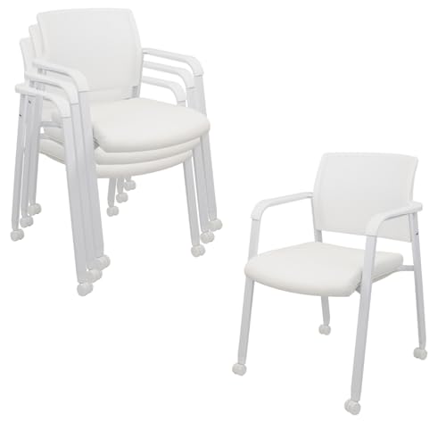 CLATINA Stacking Office Chairs with Wheels | Mesh Back, Thicken Leather Seat and Streamline Armrests, Ergonomic Lumber Support | School, Desk, Guest Reception, Waiting, Conference | Set of 4, White - color: Withwheels White Leather, size: 4 pack