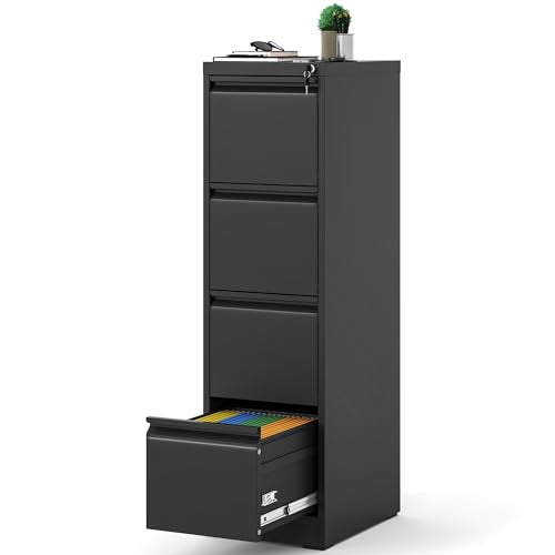 4 Drawer File Cabinet with Lock, 18" D Metal Vertical Filing Cabinets, Steel File Storage Cabinets for Home Office, Hanging A4 Legal/Letter Size Narrow File Cabinet, Assembly Required - color: Black, size: 4 Drawers