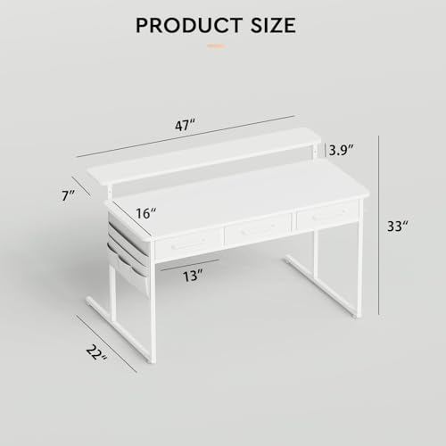 Maihail Computer Desk with Drawers, 47.2X15.8-22.9 Inches Office Computer Desk with Side Pocket & Ergonomic Monitor Stand, Writing Table for Small Spaces, Bedroom, White