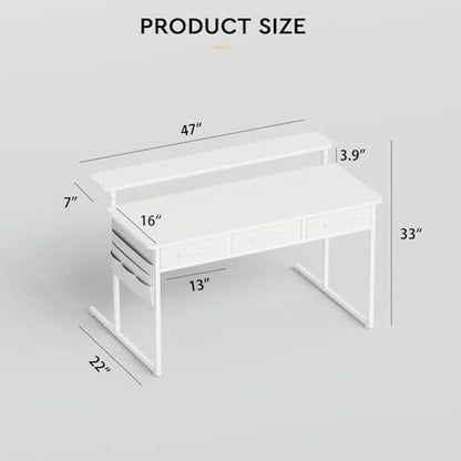 Maihail Computer Desk with Drawers, 47.2X15.8-22.9 Inches Office Computer Desk with Side Pocket & Ergonomic Monitor Stand, Writing Table for Small Spaces, Bedroom, White