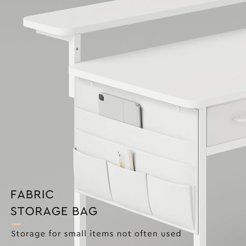 Maihail Computer Desk with Drawers, 47.2X15.8-22.9 Inches Office Computer Desk with Side Pocket & Ergonomic Monitor Stand, Writing Table for Small Spaces, Bedroom, White
