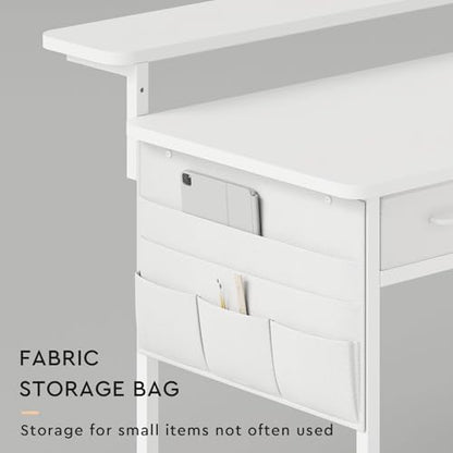Maihail Computer Desk with Drawers, 47.2X15.8-22.9 Inches Office Computer Desk with Side Pocket & Ergonomic Monitor Stand, Writing Table for Small Spaces, Bedroom, White