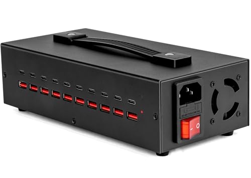 Portable USB~C Charger Block, 200W(20A) 20 Port (10 A & 10 C Port) Home Fast Charging Station for Multiple Devices, Desktop USB Wall Charger Compatible with iPhone, iPad, Kindle, Tablets, Watch