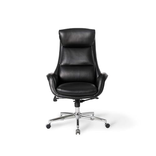 Glitzhome Mid-Century Modern Air Leatherette Adjustable Swivel High Back Office Chair, Black - color: Black