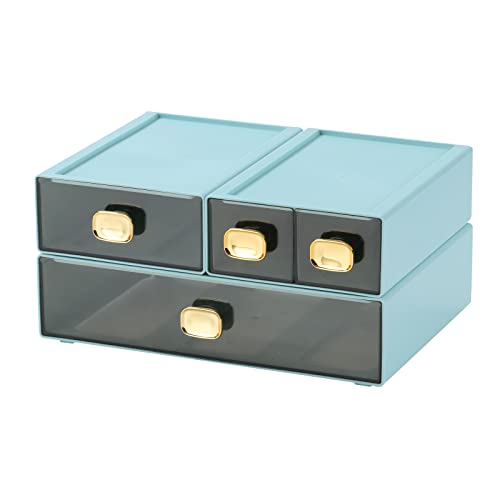 Desktop Storage Drawers, Stackable Countertop Organizer with Drawers | Cyan, 1 Large, 1 Mid & 2 Small Drawers, On Counter Acrylic Organizer for Craft Storage, File Cabinet, Tabletop Pen Holder - color: 4 Mixed Drawers, Cyan