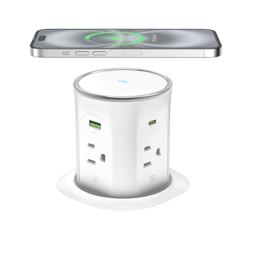 Pop Up Countertop Outlet with 45W USB C Charging Station, ETL Listed | 3.15in Hole Desk Power Electrical Outlets with 4 AC & 4 USB Ports & 15W Wireless Charger, Flush Mount for Kitchen Countertop - color: White, size: 45W USB