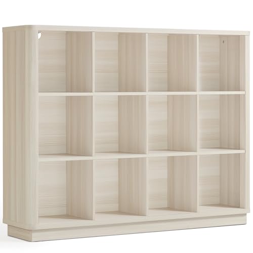 Joaxswe 12 Cube Storage Organizer, 41" Large Bookshelf with Curved Edge, Wood Floor Standing 3-Tier Cubby Bookcase w/Base, Modern Display Storage Cabinet for Living Room, Office, Gray-White Cream Oak - color: Gray-white Cream Oak, size: 12 Cube (11.81"D x