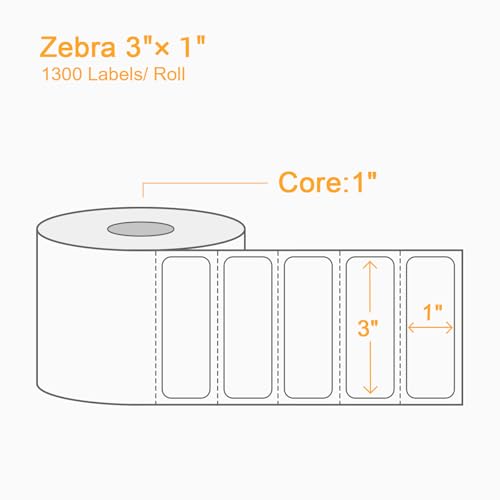 (15600 Labels/12 Rolls) Labelebal 3-Proof 1" Core 12 Rolls 3" x 1" Inch Direct Thermal Labels & Stickers,Address Shipping Labels Compatible with Rollo & Zebra Desktop Printers Adhesive - color: Zb-3''x1''-12 Rolls-15600 Labels