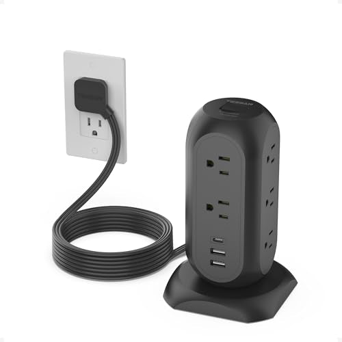TESSAN Tower Power Strip Flat Plug with 1050J Protection, 10 Ft, Black | 11 Outlets 3 USB (1 USB C), Surge Protector Power Tower, Extension Cord with Multiple Outlets, Dorm, Office Desk Supplies - color: Black, size: 10 Feet