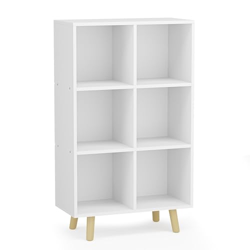 6-Cube Open Shelf Bookcase - 3-Tier Wooden Floor-Standing Bookshelf with Legs and Backpanel, Ideal for 11-inch Fabric Storage Bins and Miscellaneous Organizer, White - color: White, size: 6-Cube