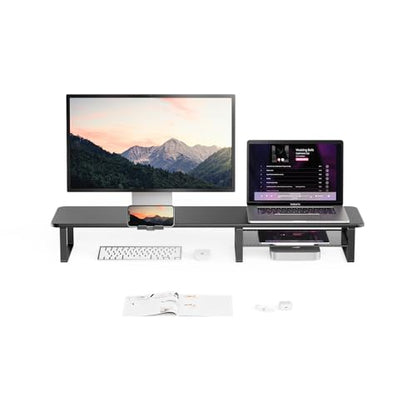 TRIN&AUSAN Monitor Stand Riser, Wooden Dual Monitor Desk Organizer with Storage Shelf, Ergonomic Computer Screen Riser for Laptop, PC, iMac, Office Desktop Accessories Holder (black)
