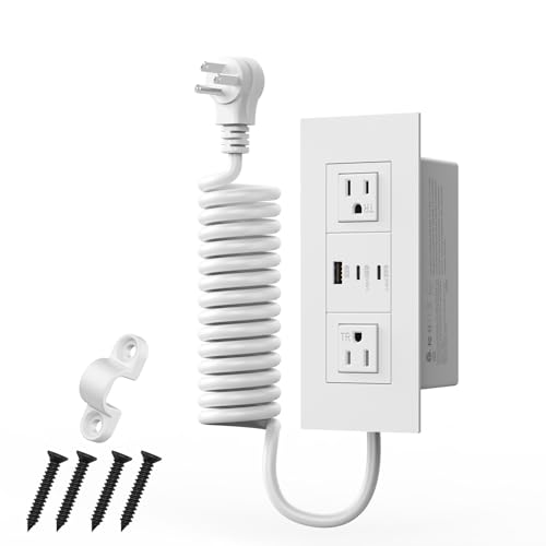 Furniture Drawer Outlet (ETL Listed) with 65W USB-C Ports Fast Charging,Tamper-Resistant Design AC Outlets, Recessed Power Strip 2 AC Outlets, 5 FT Spring Cord (White) - color: White