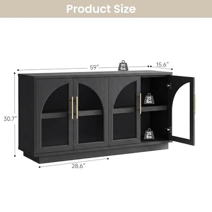 Fatmok 59" Arched Glass Sideboard Buffet Display Cabinet,Grey Black Oak - color: B-black Grey