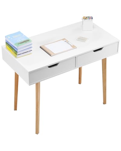 VEVOR Small Desk with Drawers, Kids Desk for Bedroom, Wooden Simple Study Table for Drawing, Reading, Writing, Rectangle MDF Furniture Study Storage Table for Home, Office, White + Wood - size: 38.98"D x 20.08"W x 30.12"H