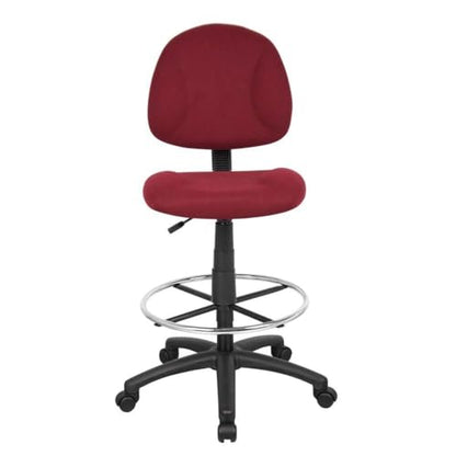 Scranton & Co Contoured Burgundy Fabric Drafting Stool, 20" Chrome Footring, Pneumatic Height 26.5"-31.5", Ergonomic Seat and Back, Tweed Upholstery, Black Nylon Base, Office or Studio Use