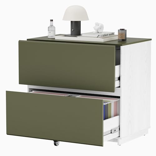 ModernMate 2 Drawer Lateral File Cabinet for Home Office, 31.5W*28.7H | Wood Filing Cabinet with Ample Storage, Doubles as Printer Stand for Office & Business, Fits Letter, A4, Legal Size, Green - color: Green+white