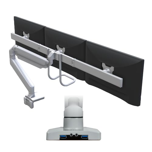 UPLIFT DESK Crestview Align Triple Monitor Stand - Gas Spring Monitor Mount, Adjustment Handle & USB Ports, 13-32” Inch Displays, VESA Compatible, Clamp or Grommet Mounting, Fits Standing Desks (Gray) - color: Gray, style: Triple Monitor Arm w/ Wiring Kit