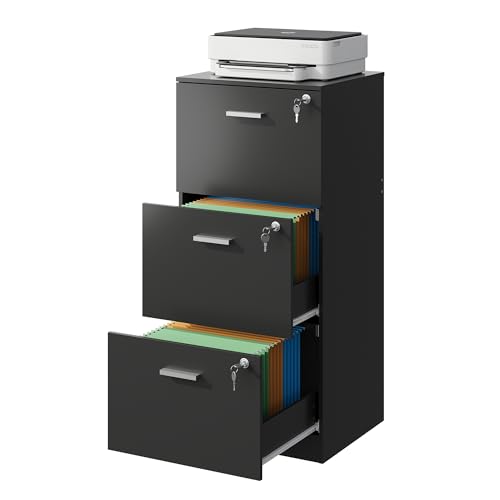 DEVAISE 3 Drawer Wood File Cabinet with Lock, Printer Stand, Black - color: Black