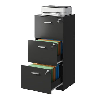 DEVAISE 3 Drawer Wood File Cabinet with Lock, Printer Stand, Black - color: Black