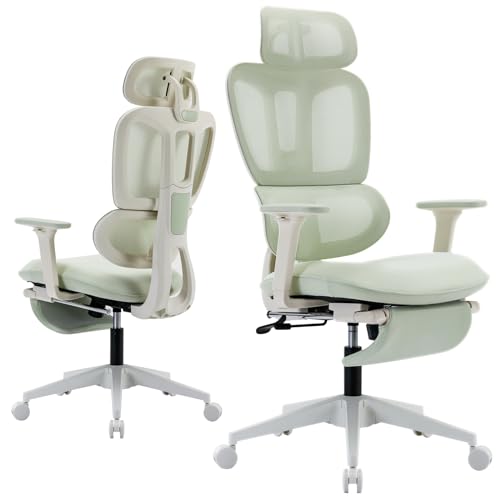 Ergonomic Office Chair with Retractable Footrest, Green | High Back Design, Dynamic Lumbar Support, 2D Headrest & 2D Armrests, Breathable Mesh Back for Home Office - color: Green