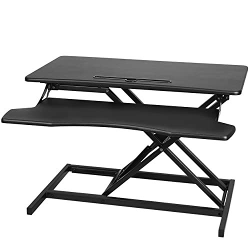 Adjustable Height Standing Desk Converter Workstation, Sit Stand Dual Monitor, Desktop Computer & Laptop Desk Riser With Keyboard Tray & Phone/Tablet Slot, 32’’ Wide & Supports Up To 44LBS