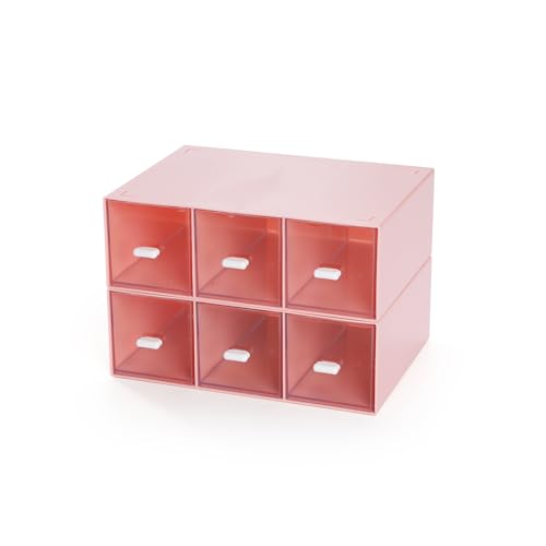 Desktop Organizer With 6 Drawers, Pencil Box, Stationary Organizer | 2 Tiers Pink, Plastic Mini Drawers, Small Pen Storage Boxes, Toolbox, Stackable Makeup Organizer, Stationary Organizer - color: 2 Tall Layers & 6 Drawers, Pink