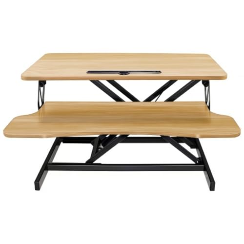 Desk Converter Height Adjustable Riser Ergonomic Sit Stand Dual Monitor Computer Workstation Keyboard Tray Home Office-Black + Walnut - color: Black + Walnut