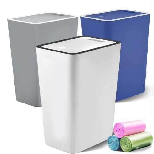 Lysam 4 Gallon Trash Can 3 Packs, Bedroom Trash Can with Lid & Trash Bags | Small Garbage Can Press-Top for Dog Proof, Oder Seal, Waste Basket for Office, Living Room, Bathroom White & Grey & Blue - color: Blue & White & Grey