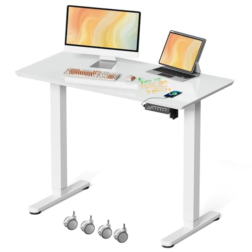 JOY worker Electric Glass Standing Desk, 40" Small Drafting Table on Wheels - color: White Glass, size: 40" * 20"