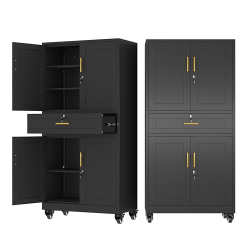 Ckzbx Metal Garage Storage Cabinet with Locking Drawers and Adjustable Shelves,74" H Rolling Tool Storage with Wheels for Garage,Office (Black)
