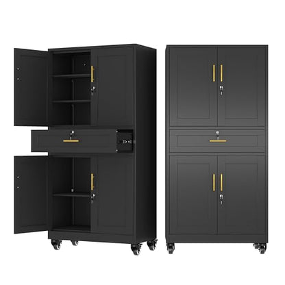 Ckzbx Metal Garage Storage Cabinet with Locking Drawers and Adjustable Shelves,74" H Rolling Tool Storage with Wheels for Garage,Office (Black)