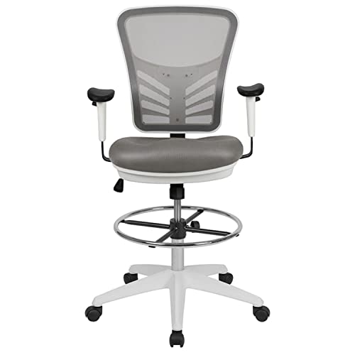 Flash Furniture Tyler Mid-Back Light Gray Mesh Ergonomic Drafting Chair with Adjustable Chrome Foot Ring, Adjustable Arms and White Frame - color: Light Gray Mesh/White Frame