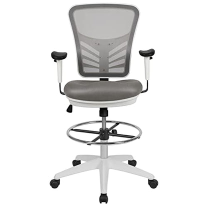 Flash Furniture Tyler Mid-Back Light Gray Mesh Ergonomic Drafting Chair with Adjustable Chrome Foot Ring, Adjustable Arms and White Frame - color: Light Gray Mesh/White Frame
