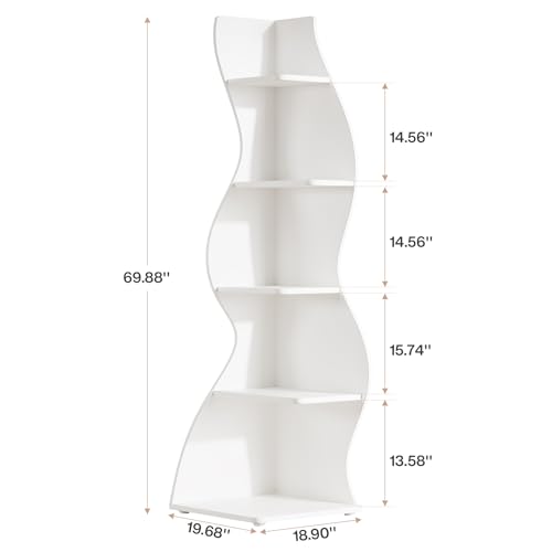 Tribesigns Wavy Corner Shelf, Modern 5-Tier Bookshelf Bookcase with Curvy Shape, Unique Plant Stand Display Rack for Living Room Small Space (White) - color: White