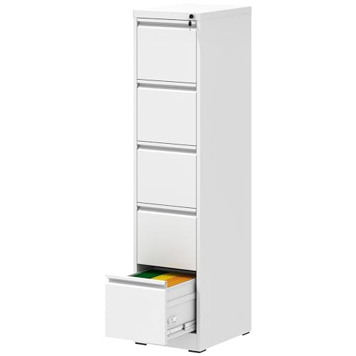 5 Drawer File Cabinet with Lock, 18" D Metal Vertical Filing Cabinets, Steel File Storage Cabinets for Home Office, Hanging A4 Legal/Letter Size Narrow File Cabinet, Assembly Required - color: White, size: 5 Drawers