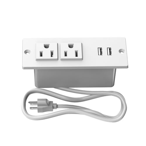 Small Recessed Power Strip Plug Extension Cord with USB Electrical Outlet Extender Flush Mount Surge Protector Power Adapter Charging Station for Desk Furniture Tabletop Home Office (White)