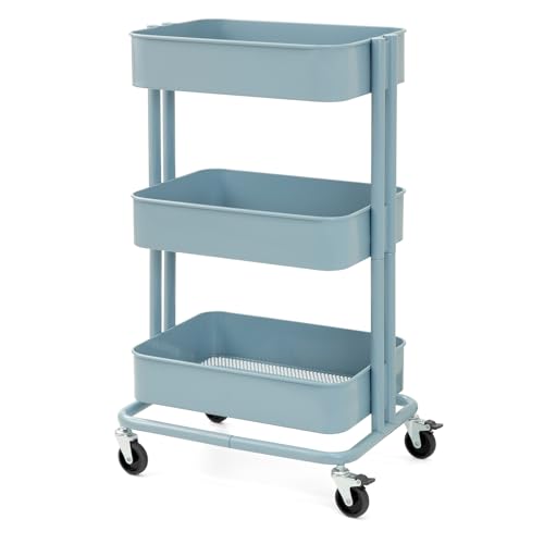 3 Tier Rolling Cart Metal Heavy Duty Utility Cart with Silent Caster Lockable Wheels Multi-Functional Organization Carts Storage Trolley with Mesh Shelves for Office Kitchen Living Room Blue - color: Blue, size: Large