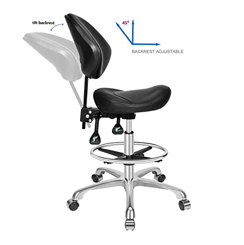 Kaleurrier Rolling Saddle Chair with Back Support: Heavy Duty Stools - color: Black, size: With Back & Footrest