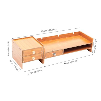 Wood Monitor Stand With Drawers,Desk Organizer With Lockable Drawer & Phone Holder, Computer Monitor Riser Stand With Storage Shelf,Multi-Purpose Desktop Storage Stand For Computer, Laptop, Printer