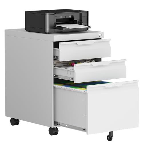 3 Drawer White Mobile File Cabinet with Wheels, Metal Small Filing Cabinets for Home Office Organizer,Rolling Filing Cabinets Under Desk Storage for Letter/Legal/A4 Files - color: White, size: 17.3"D x 14.6"W x 25"H（3 Drawers-Mobile）