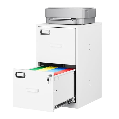 2-Drawer File Cabinet with Lock, Small Filing Cabinet Organizer for Hanging A4/Letter/Legal Size Folder, Under Desk Vertical Filing Cabinets for Home Office, Printer Stand, White - color: White, size: 25.4"H x 15"W x 17.7"D