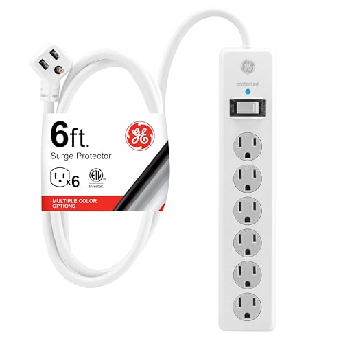 GE Surge Protector Power Strip, 6 Ft Extension Cord, 6 Outlet Extender, 800 Joules, Flat Plug, Twist-to-Close Safety Covers, ETL Listed, White, 67051 - color: White, size: 6 Ft, style: 1 Pack