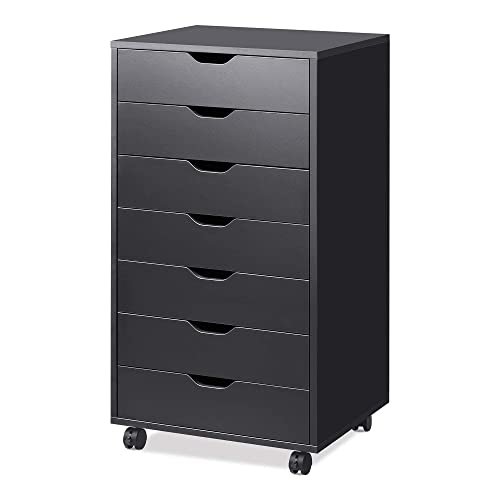 DEVAISE 7-Drawer Office File Cabinets, Mobile Craft Storage Cabinet, Black | Wood Drawer Unit, Storage Cabinet, Rolling Cart, Printer Stand, Filing Cabinet with Drawers - color: Black, size: 15.7"D x 18.7"W x 34.5"H