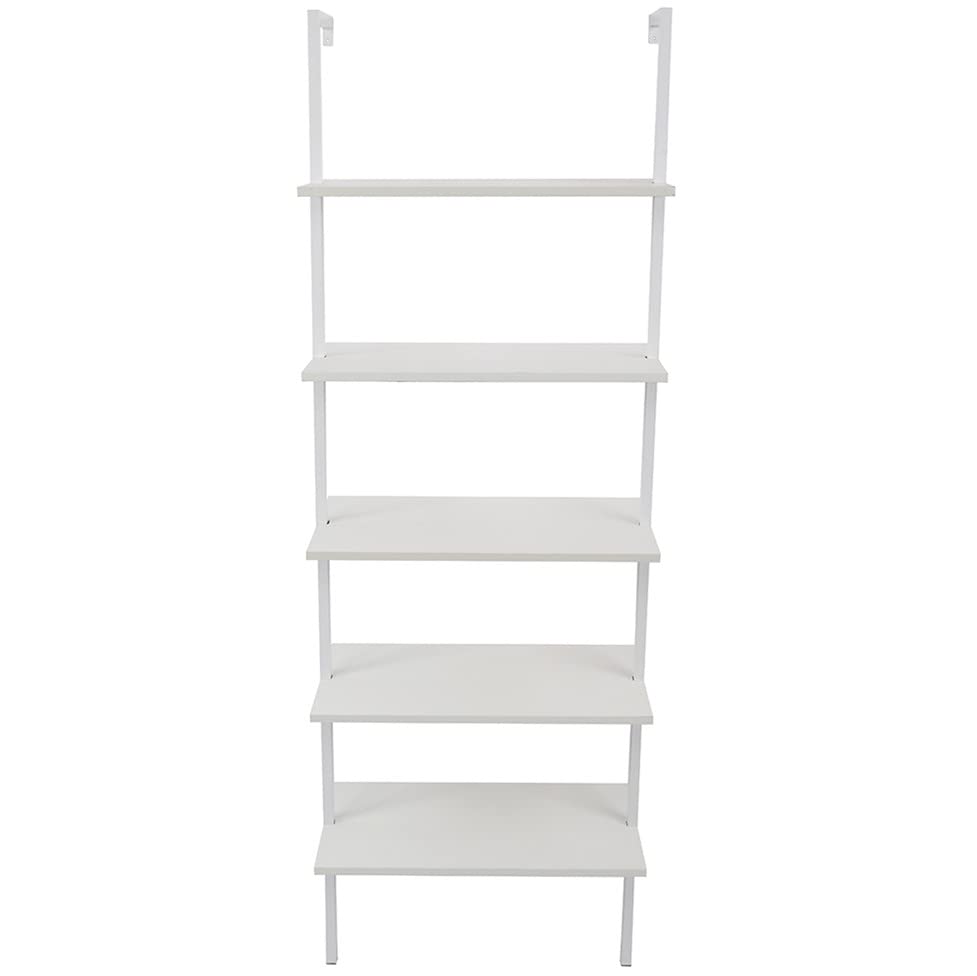 Ladder Shelf Bookshelf, 5-Tier Industrial Bookshelf with Metal Frame and Wood Board, Wall Mounted Bookcase Open Shelf Organizer for Living Room,Home Office, Bedroom, White - color: White