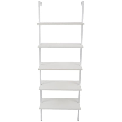 Ladder Shelf Bookshelf, 5-Tier Industrial Bookshelf with Metal Frame and Wood Board, Wall Mounted Bookcase Open Shelf Organizer for Living Room,Home Office, Bedroom, White - color: White