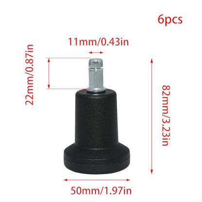 6 Pack Black Bell Glides, High Profile Office Chair Feet 11mm | Nylon Body, Steel Stem, 82mm Height, 50mm Base, 22mm Grip Ring, Push In Install, Fits Stools - style: Long